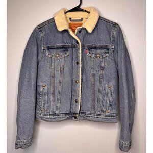 Levis Women SZ M Sherpa Trucker Denim Cotton Jacket Casual Rodeo